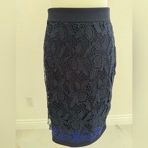 Navy Lace Overlay Pencil Skirt Midi Large Elastic Waistband